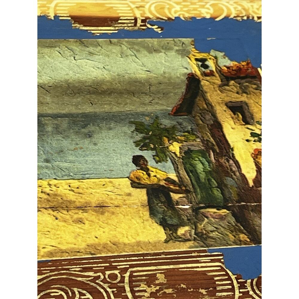 Vintage Cedar Wood Box Hinged Lid Decoupage Mediterranean Scene Blue Paint AS IS - Picture 3 of 14